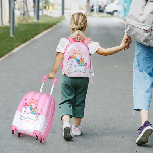 2 Pieces 12 Inch 16 Inch Kids Luggage Set with Backpack and Suitcase for Travel-Lovely Unicorn