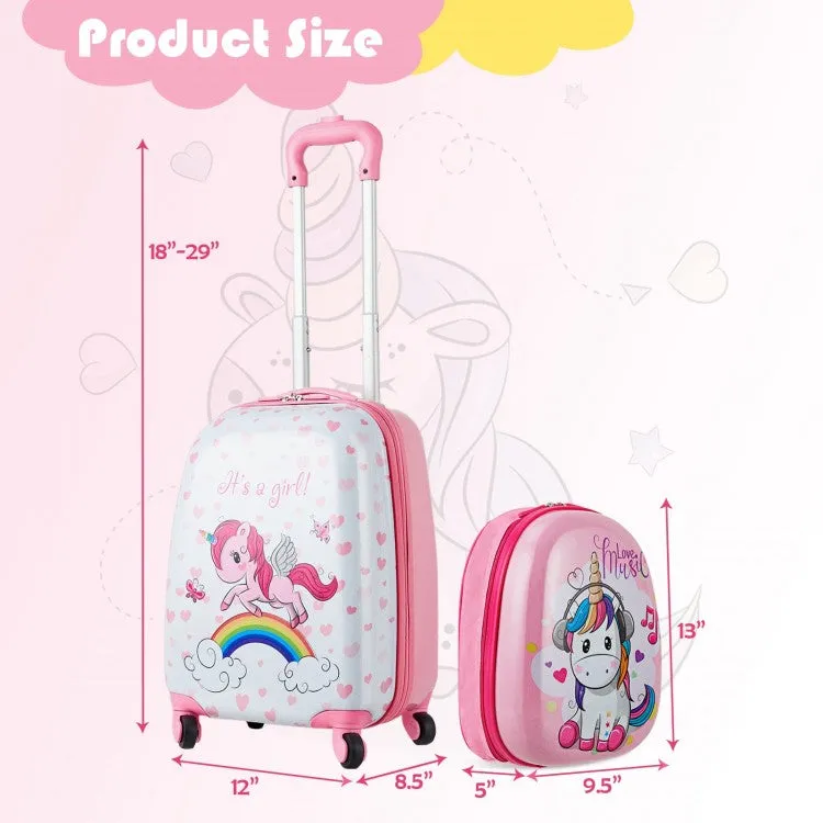 2 Pieces 12 Inch 16 Inch Kids Luggage Set with Backpack and Suitcase - Unicorn