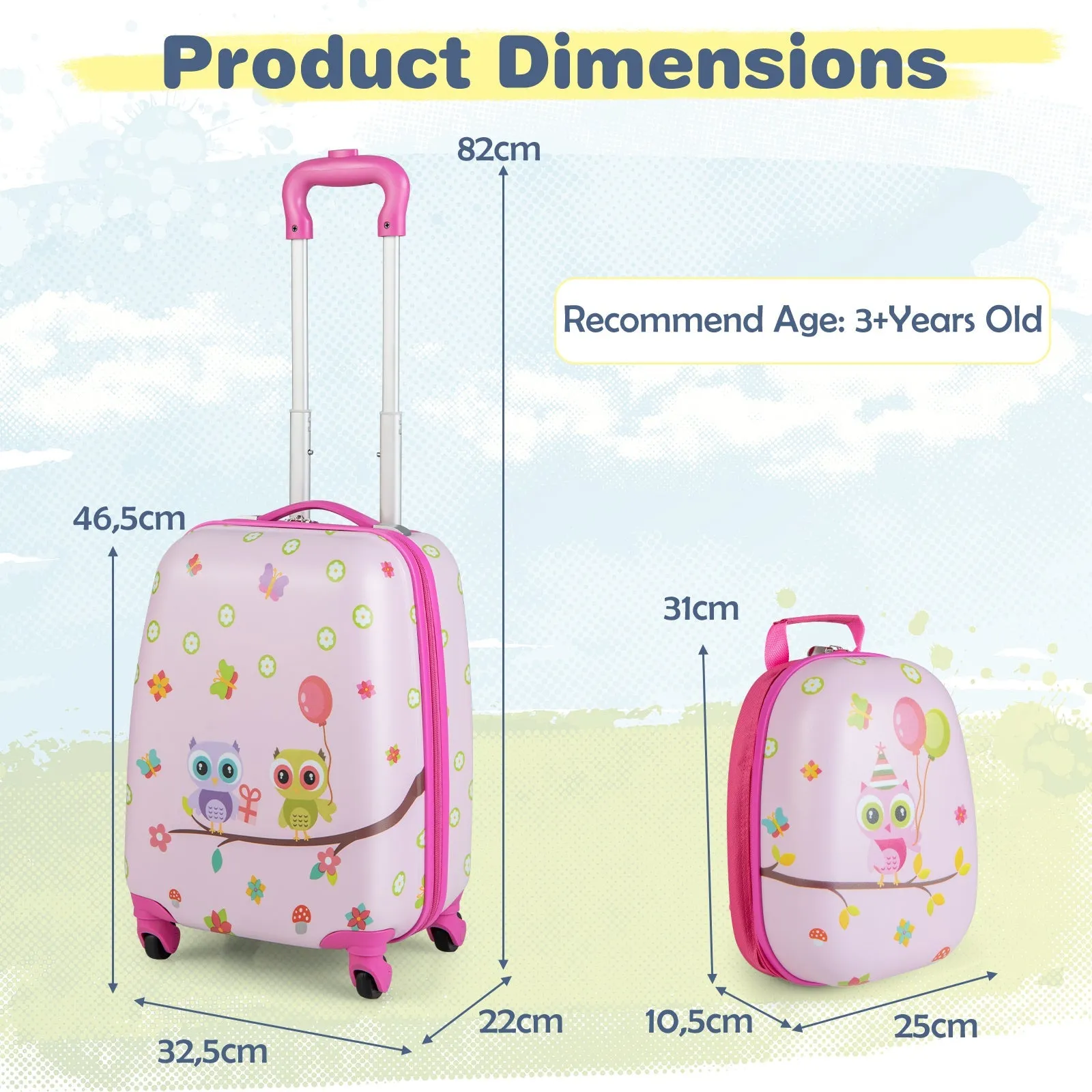 2 Pieces Kids Luggage Set with Wheels and Height Adjustable Handle-Light Pink