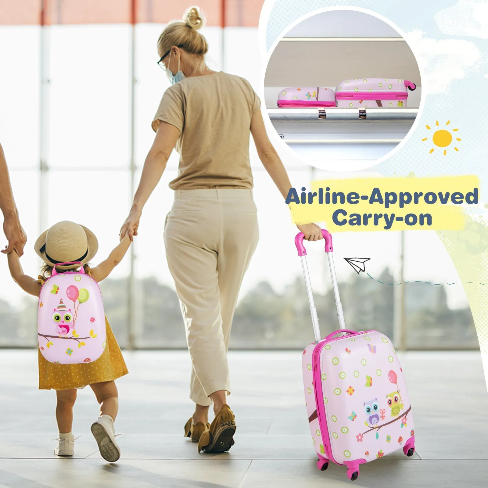 2 Pieces Kids Luggage Set with Wheels and Height Adjustable Handle-Light Pink