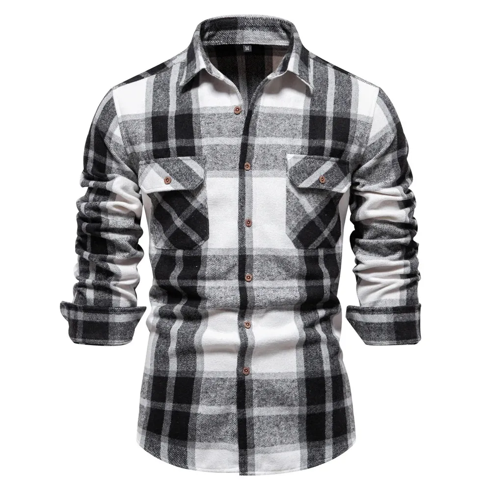 Autumn and Winter Thicken Plaid Shirt for Men Over Jacket Men Casual Classic Double Pockets Mens Shirts