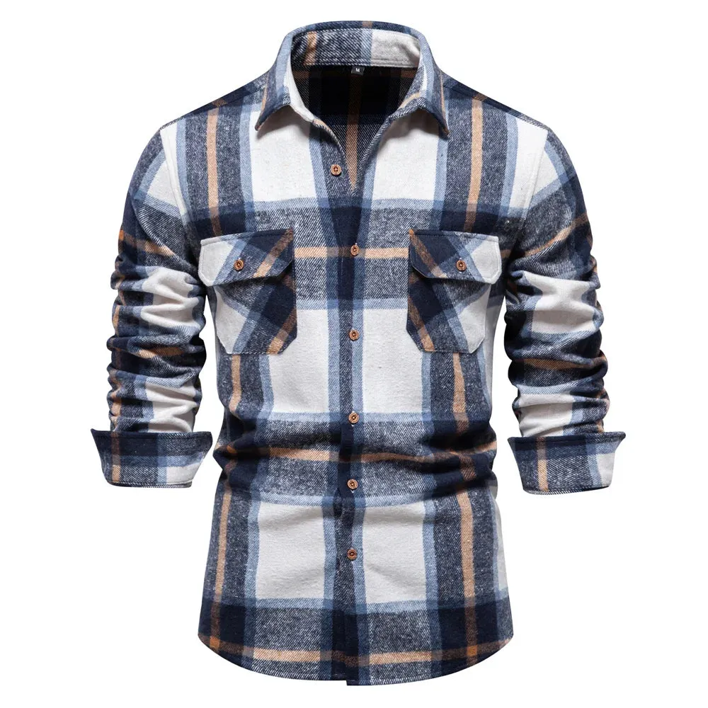 Autumn and Winter Thicken Plaid Shirt for Men Over Jacket Men Casual Classic Double Pockets Mens Shirts