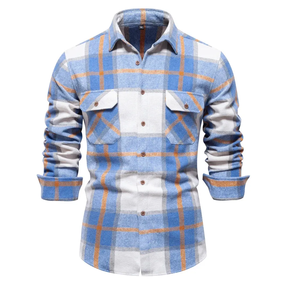 Autumn and Winter Thicken Plaid Shirt for Men Over Jacket Men Casual Classic Double Pockets Mens Shirts