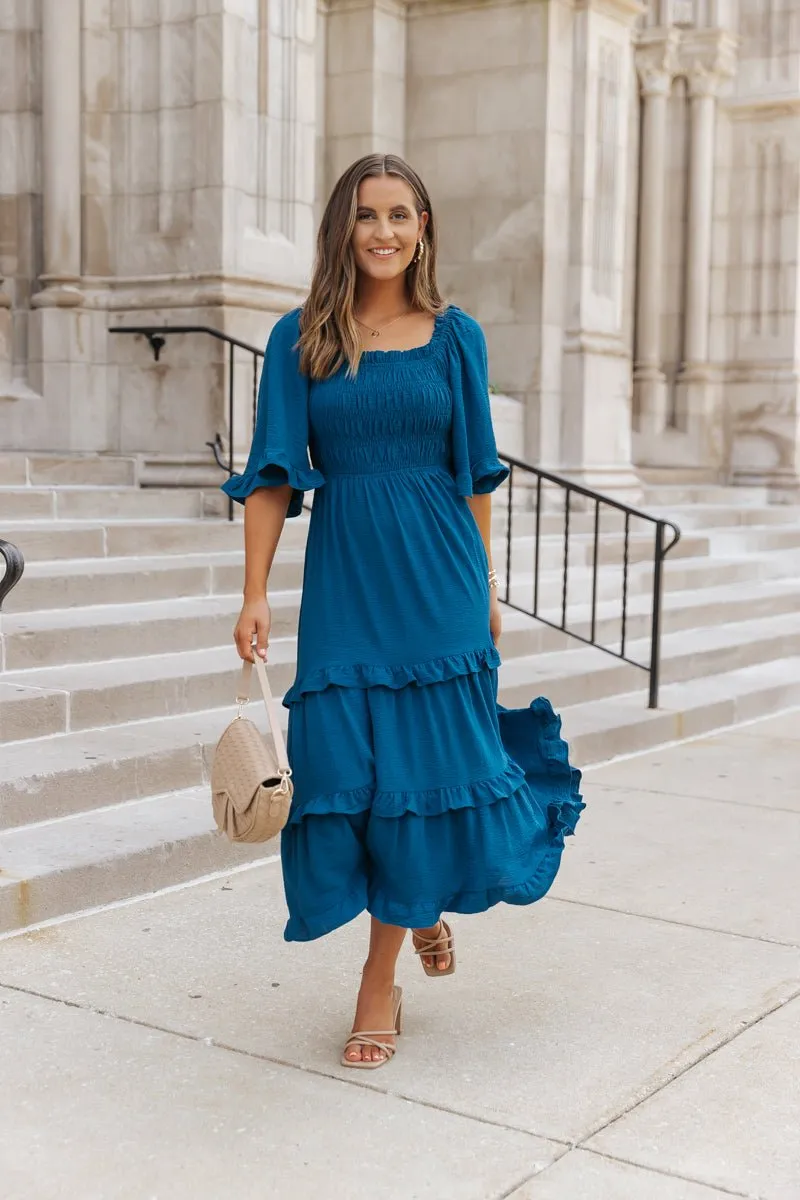 Blue Off The Shoulder Tiered Midi Dress - FINAL SALE