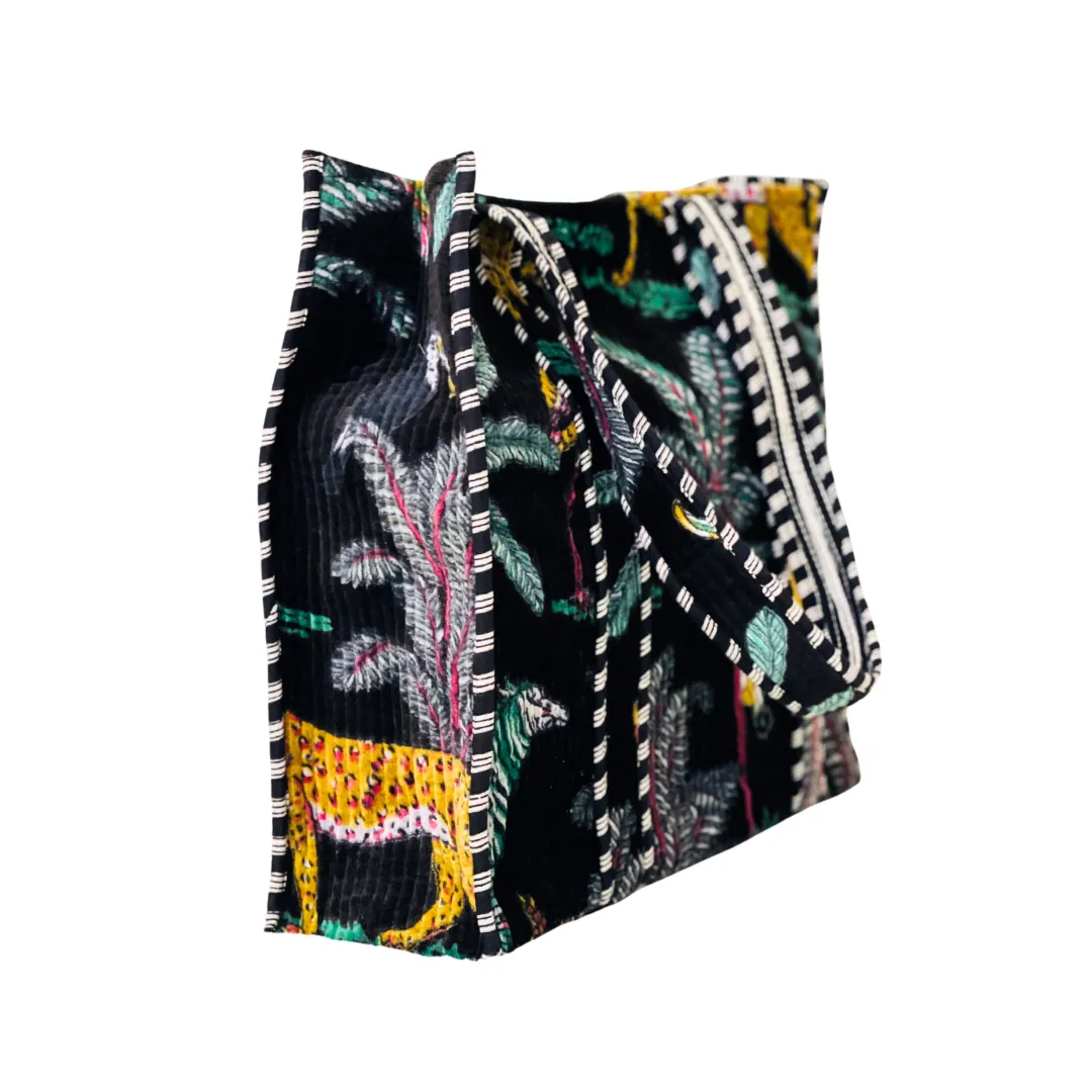 Boho Quilted Indian Block Velvet Tote Bag | Leopard In The Jungle