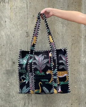 Boho Quilted Indian Block Velvet Tote Bag | Leopard In The Jungle