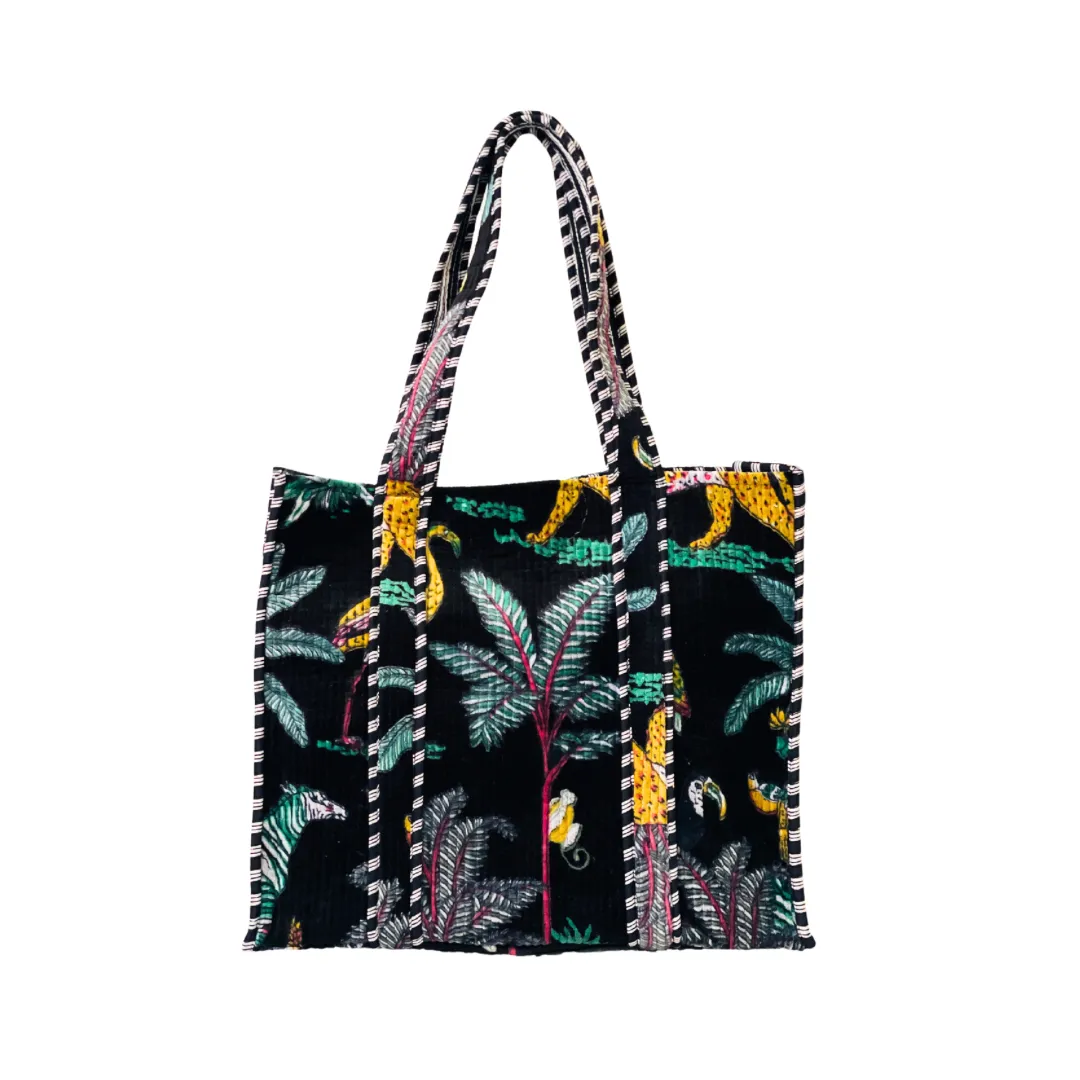 Boho Quilted Indian Block Velvet Tote Bag | Leopard In The Jungle