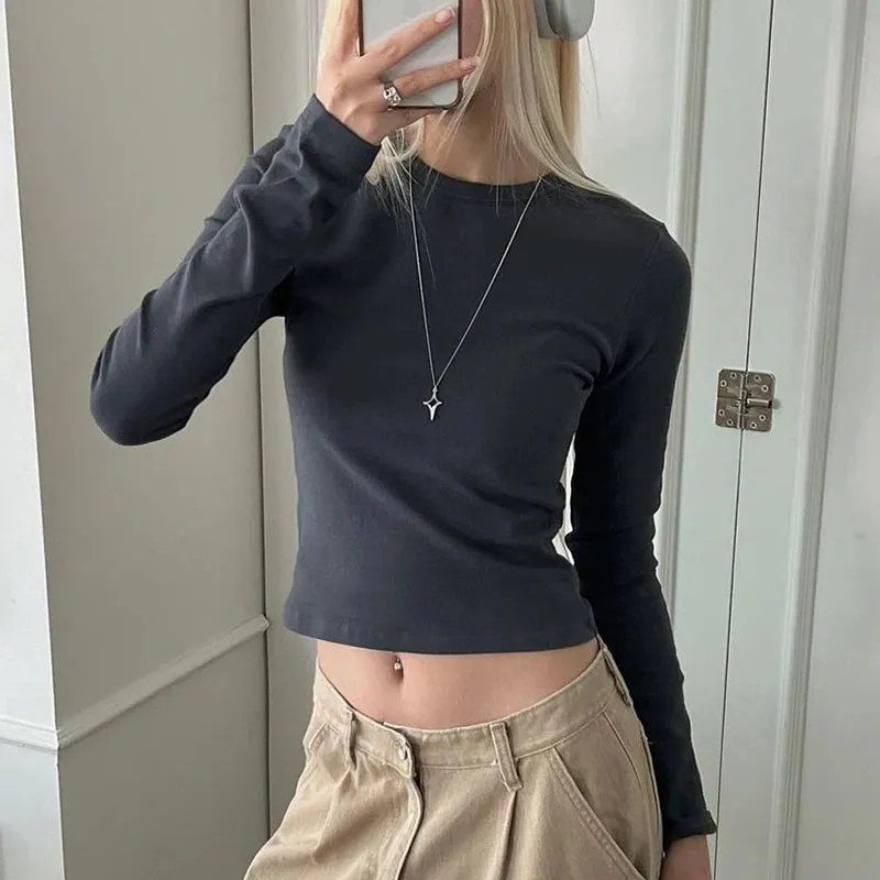 Casual White Skinny Women T-shirt Basic Fashion All-Match Autumn Crop Top Crew Neck Tee Shirt Spring Korean Clothing