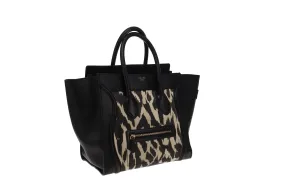 Celine Mini Luggage Tote Black Leather & Animal Print Canvas Panel