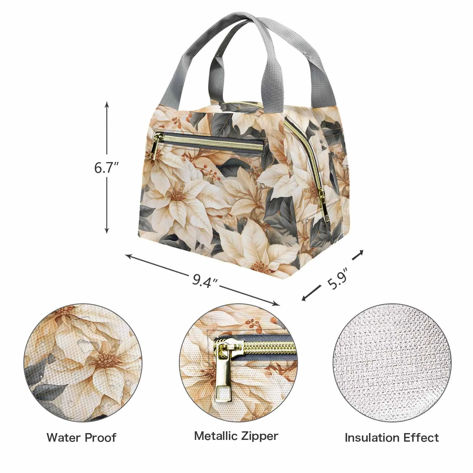 Cream Poinsettia2  Portable Lunch Bag-Grey Handle