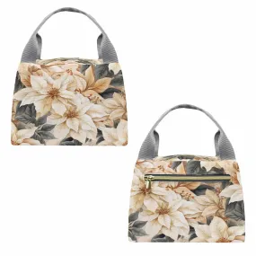 Cream Poinsettia2  Portable Lunch Bag-Grey Handle