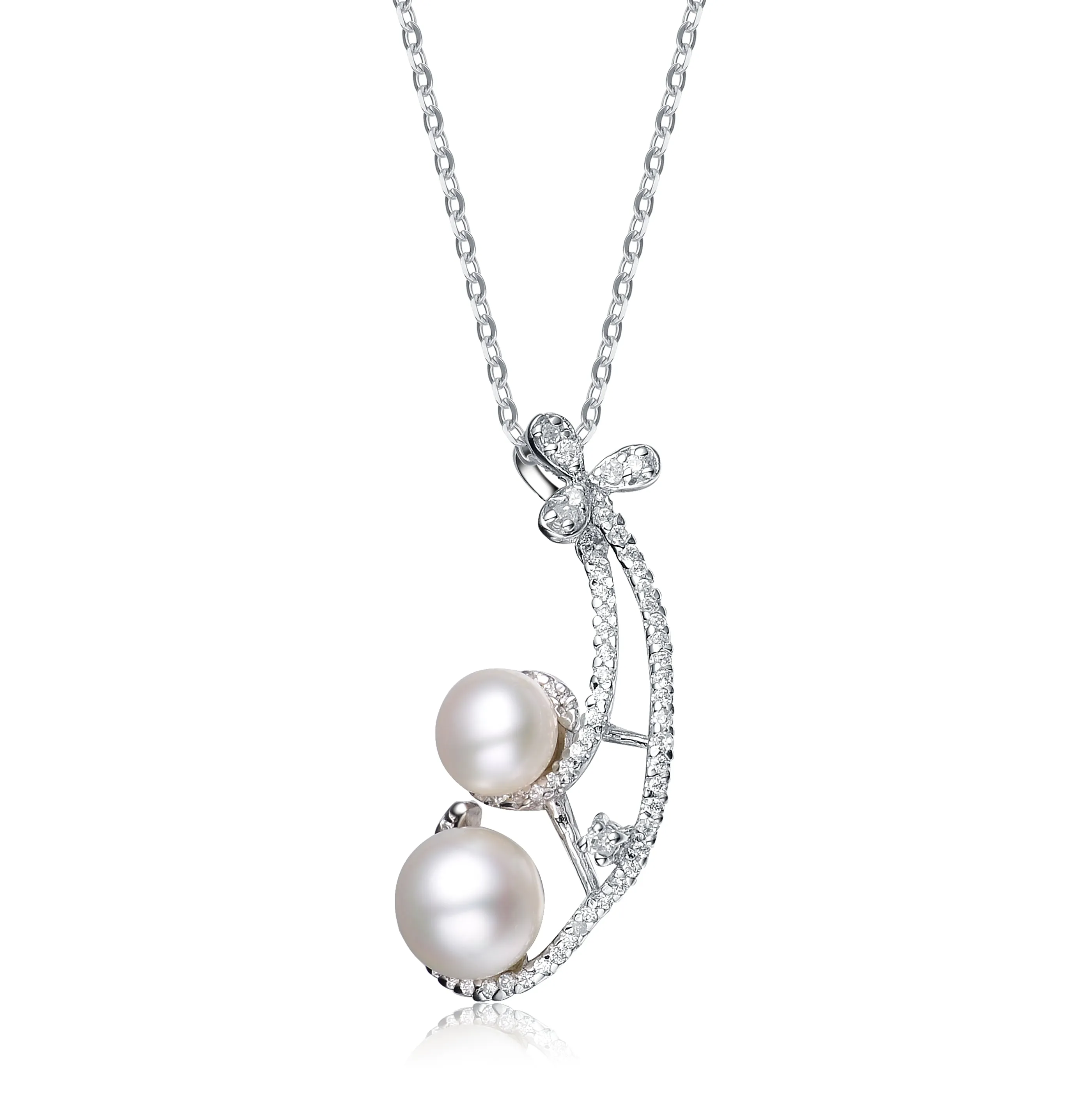 Cubic Zirconia Sterling Silver Rhodium Plated Genuine Freshwater Pearl Pendant