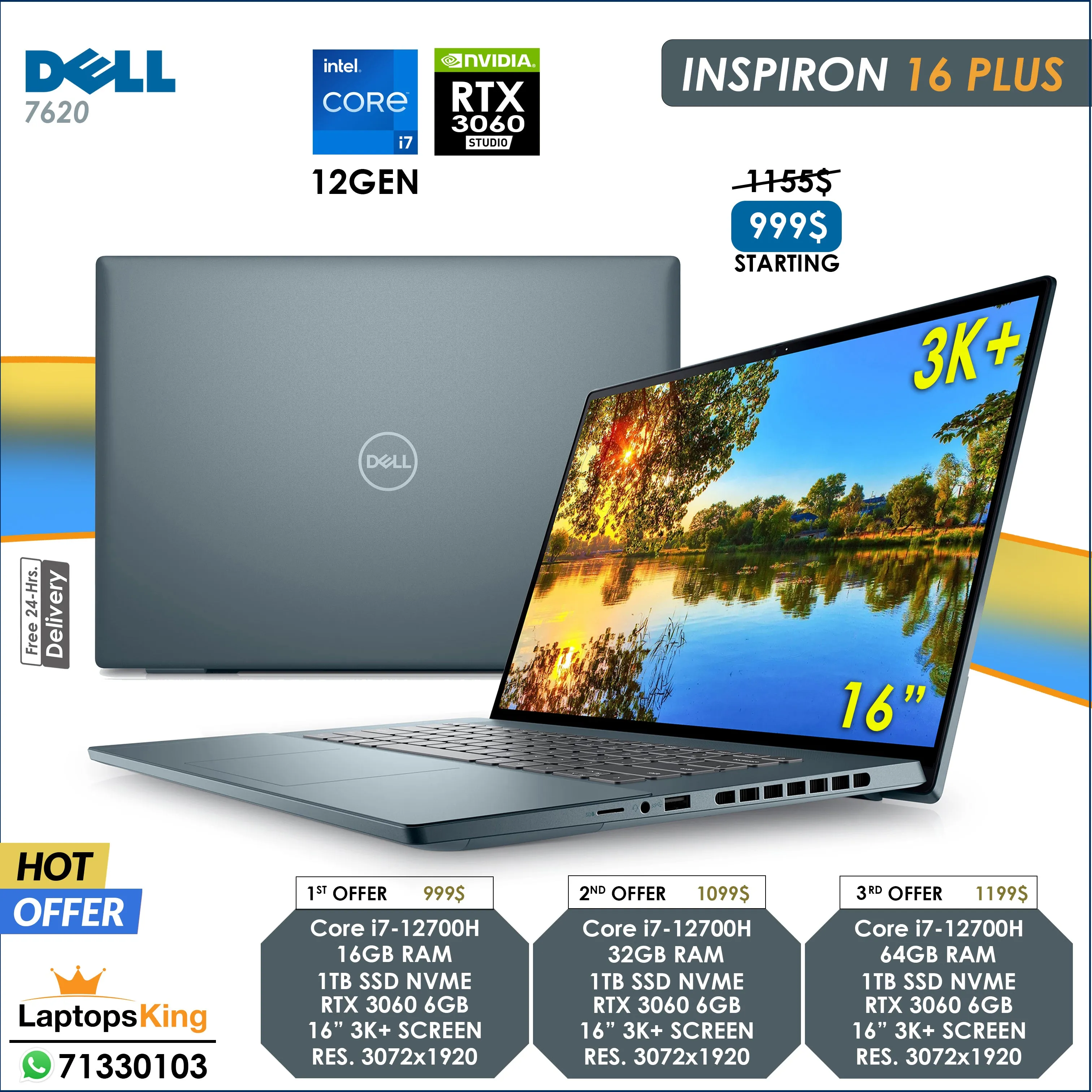 Dell Inspiron 16 Plus 7620 Core i7-12700h Rtx 3060 Studio Edition 16" 3k  Laptop Offers (New OB)