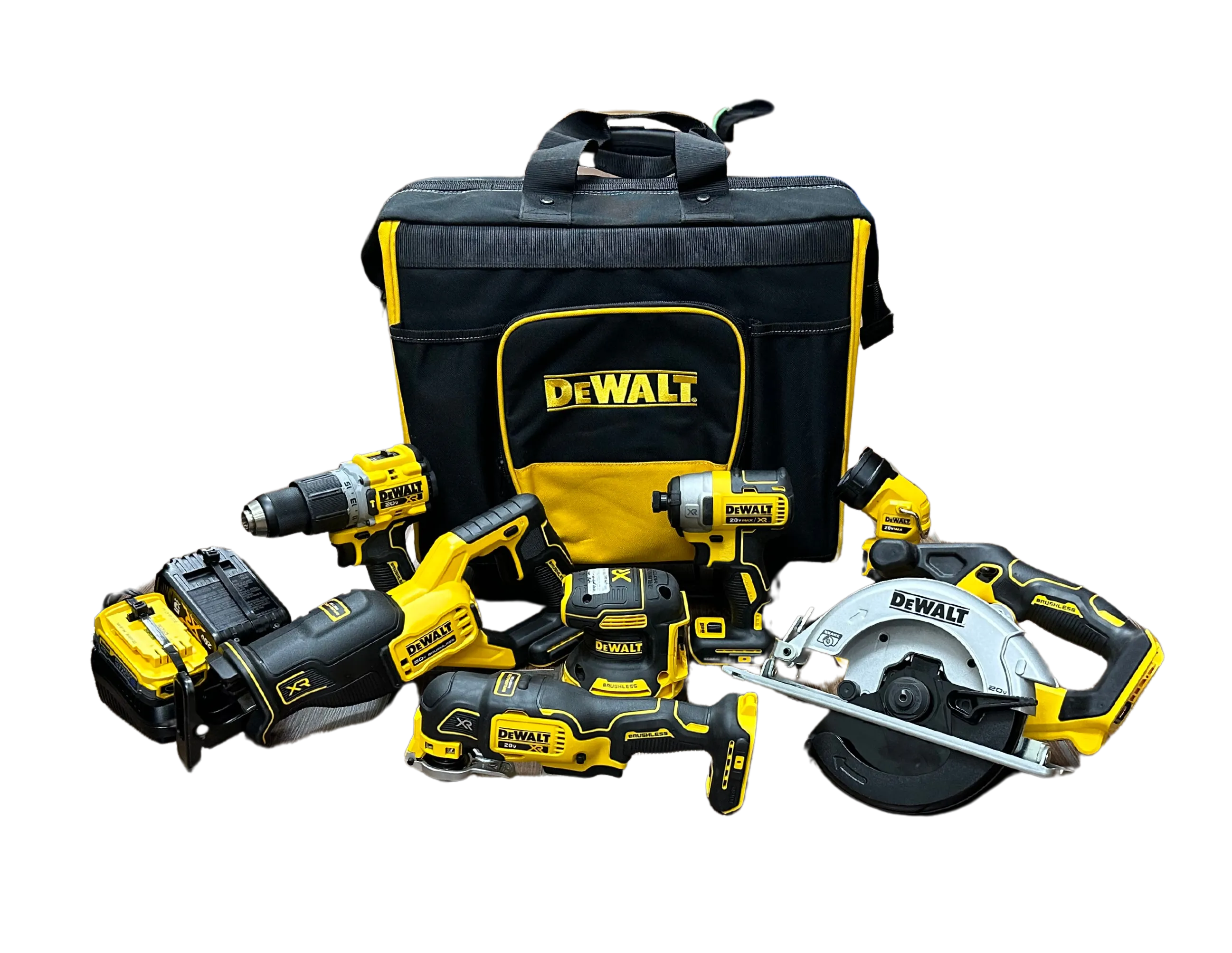 DEWALT 20V MAX CORDLESS 7-TOOL COMBO KIT W/LARGE CONTRACTOR BAG