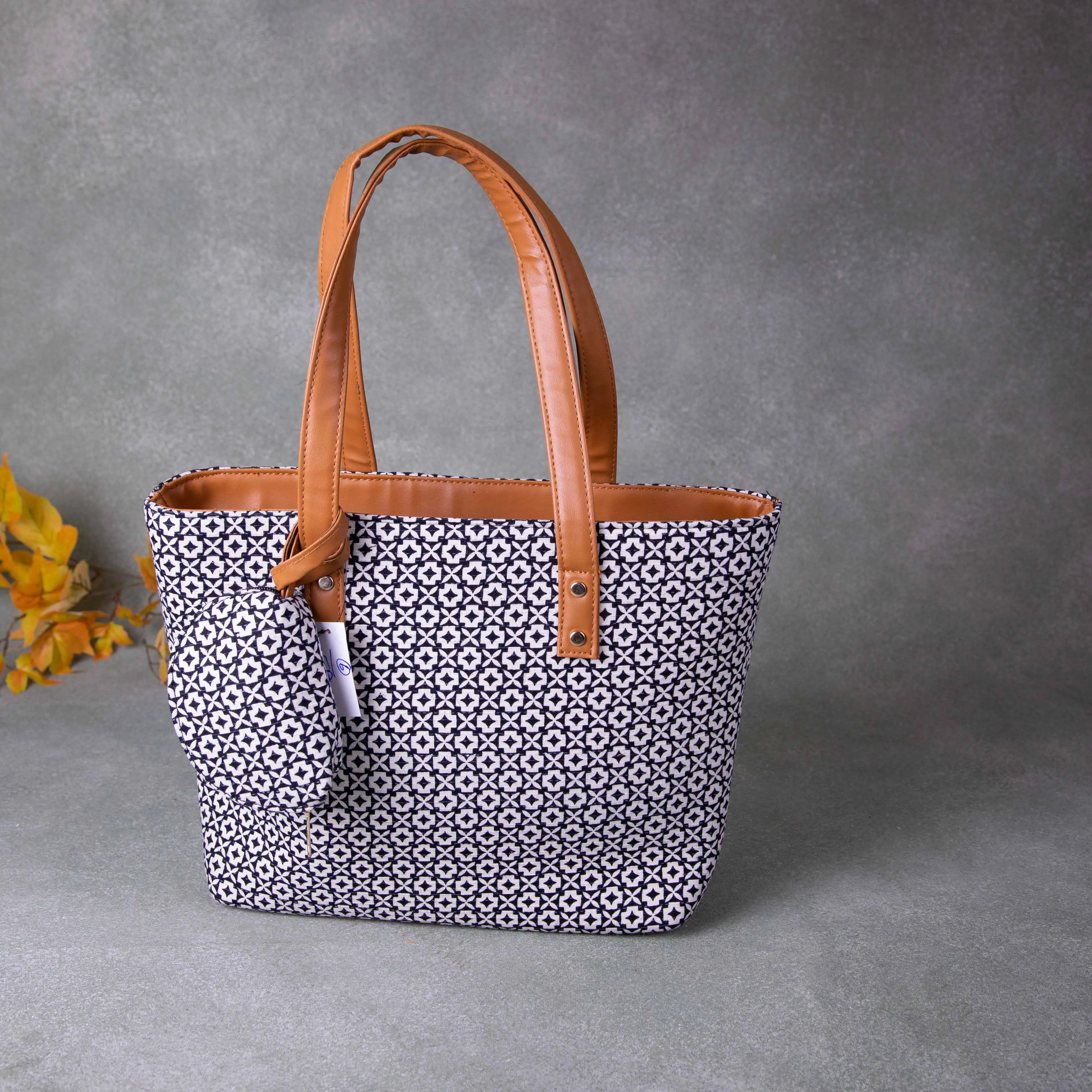 Double Zippered Tote Black Colour White Geometrical Printed Design.