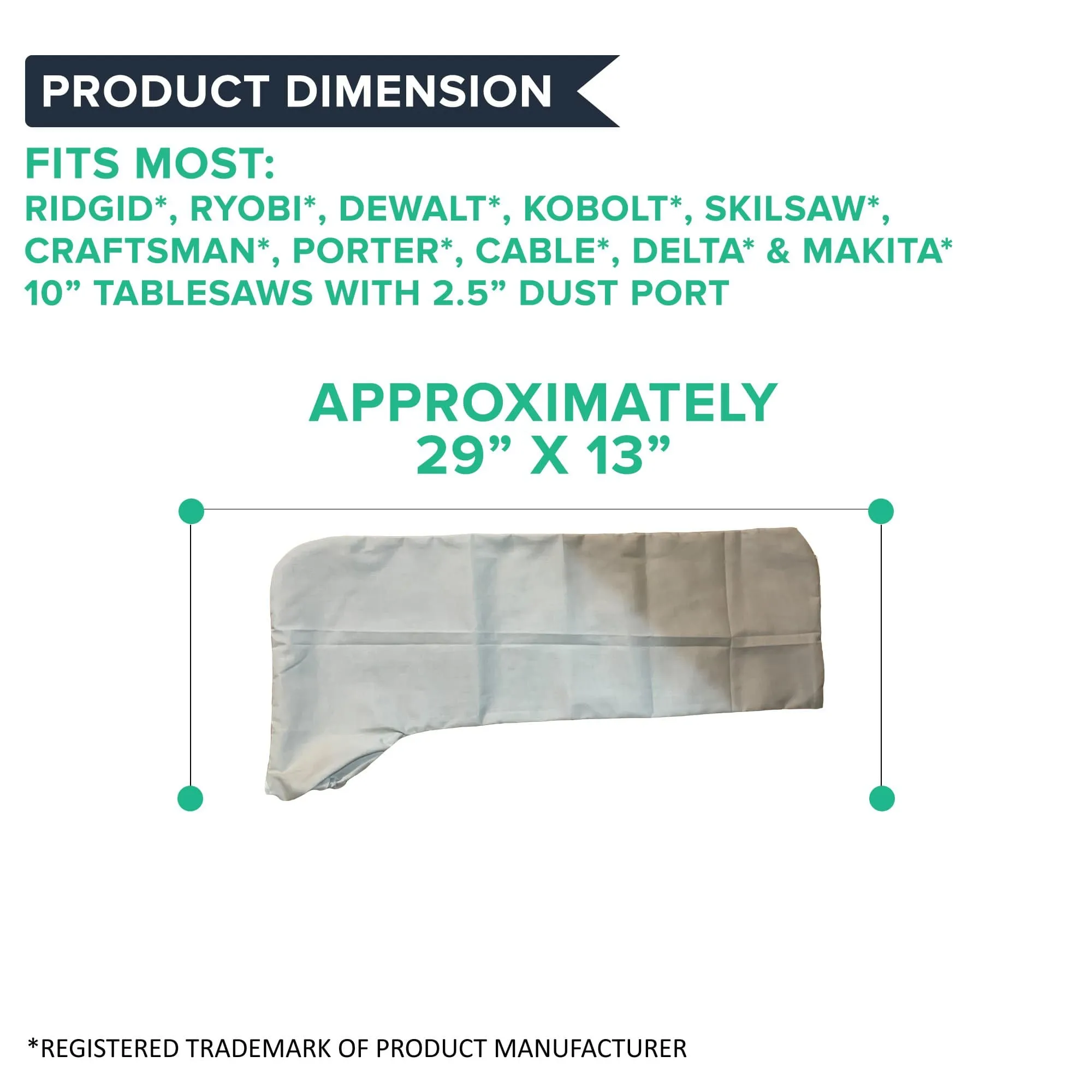 Dust Collector Bag Fits Cable, Craftsman, Delta, DeWalt, Kobolt, Makita, Ridgid, Ryobi, Porter & Skilsaw 10" Tablesaws with 2.5" Dust Port