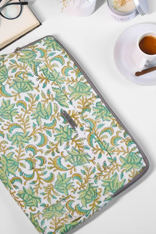 Ekatra Green Floral Sustainable Handmade Cotton Laptop Sleeve/Laptop Cover