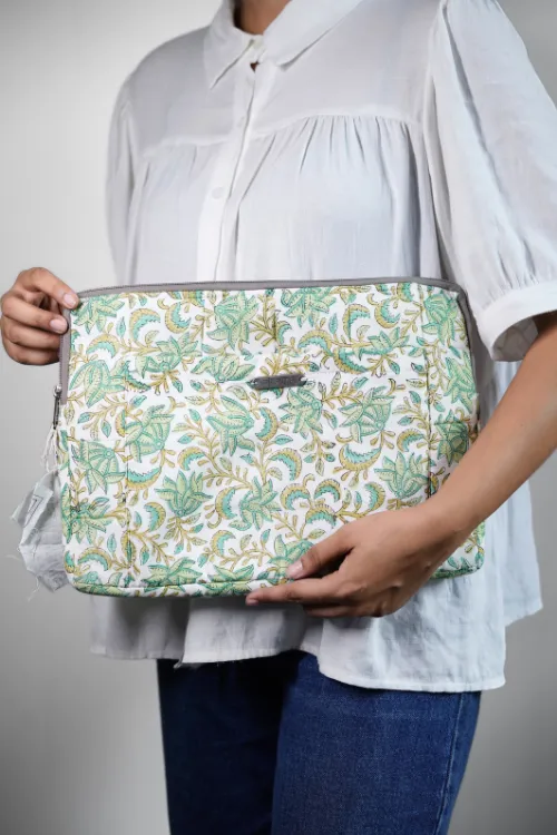 Ekatra Green Floral Sustainable Handmade Cotton Laptop Sleeve/Laptop Cover