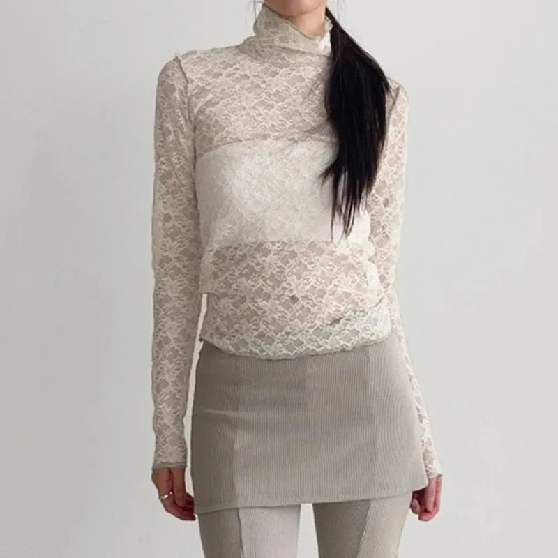 Fashion White Stitch Chic Lace Shirt Women Turtleneck See Through Sexy Top Outfits Streetwear Slim T-shirts Elegant