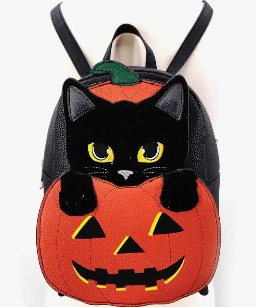 Furry Black Cat in Pumpkin Vinyl Mini Backpack