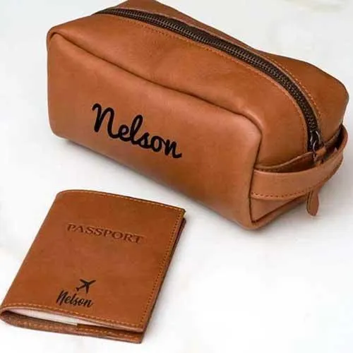 Genuine Leather Travel Set - Cognac