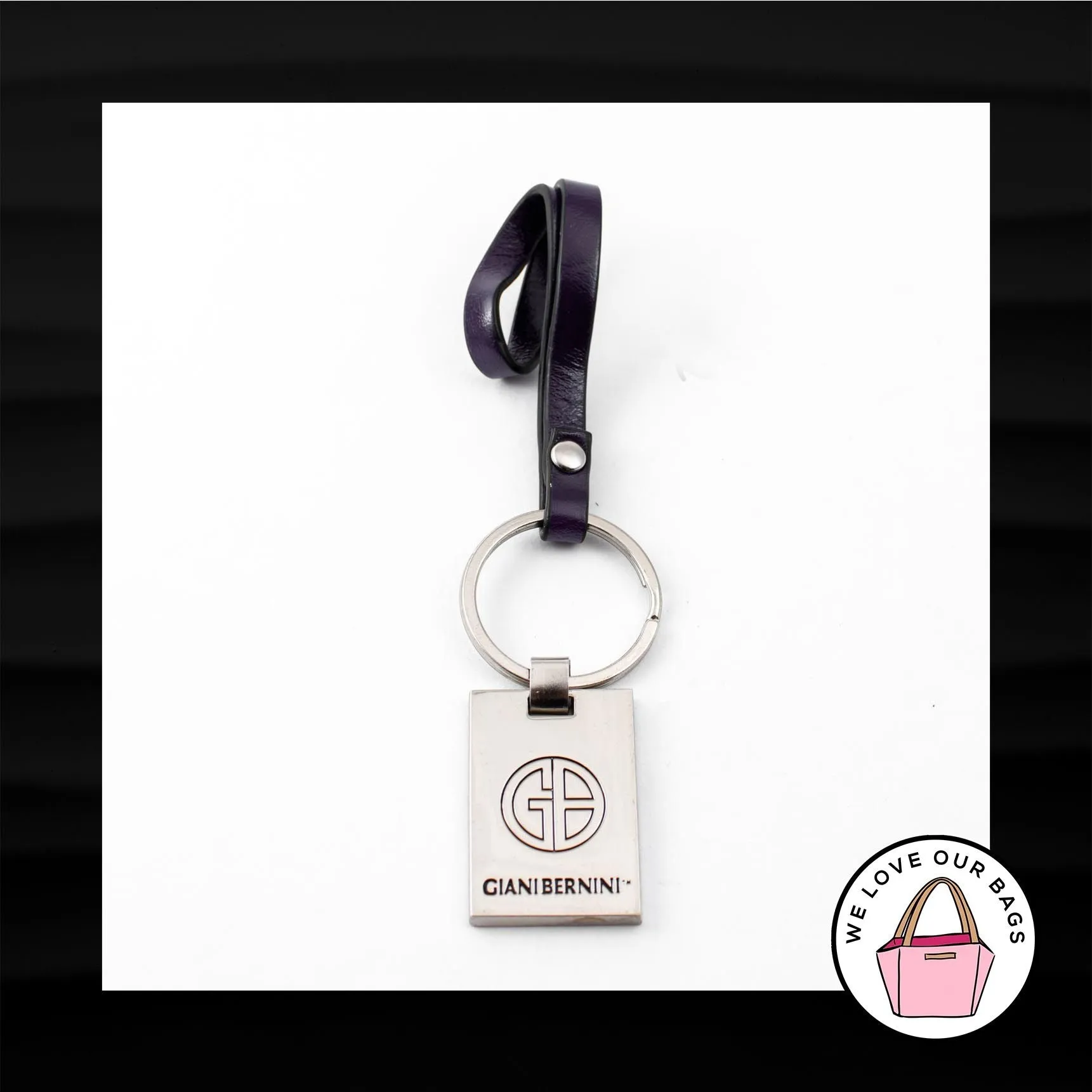 GIANI BERNINI SILVER PURPLE LEATHER LOOP STRAP KEY FOB BAG CHARM KEYCHAIN HANGTAG