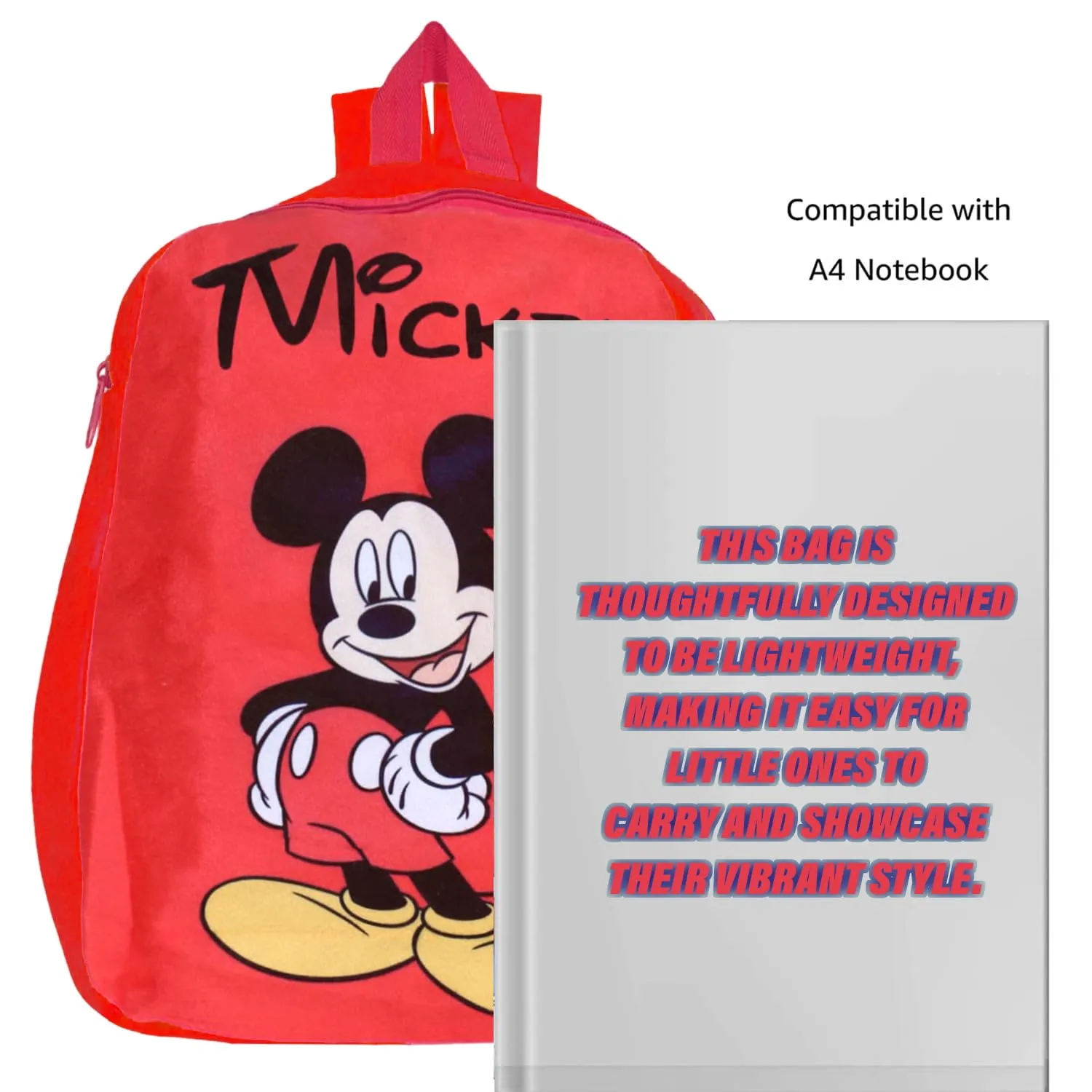 Heart Home Disney Mickey Backpack | 2 Compartment Velvet School Bag | School Bag for Kids | Kids School Backpack | Backpack for School | Red