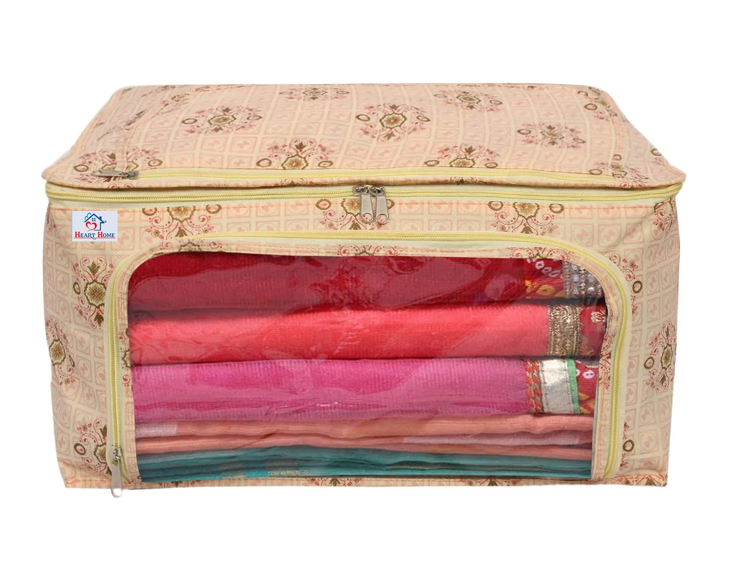 Heart Home Floral Print Non-Woven Saree cover With Large Pocket For Saree, Lehenga, Suit & Transparent Window, Pack of 3 (Pink) 54HH4166.