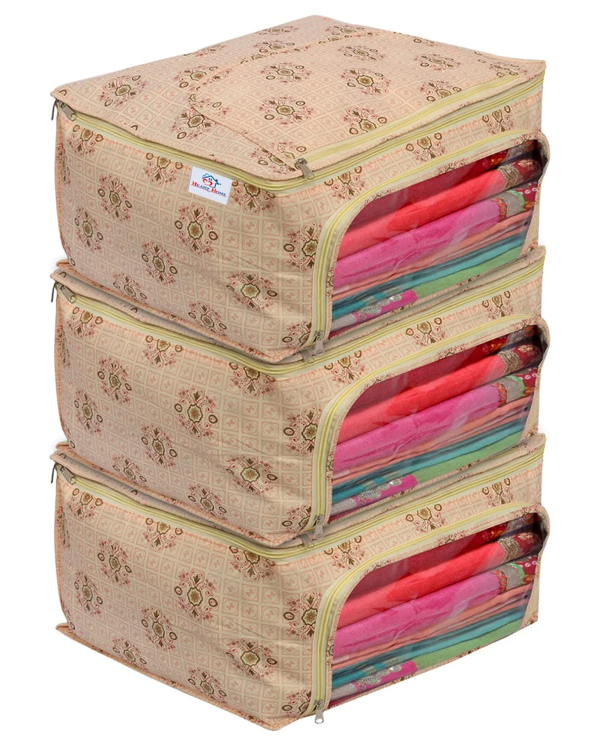 Heart Home Floral Print Non-Woven Saree cover With Large Pocket For Saree, Lehenga, Suit & Transparent Window, Pack of 3 (Pink) 54HH4166.