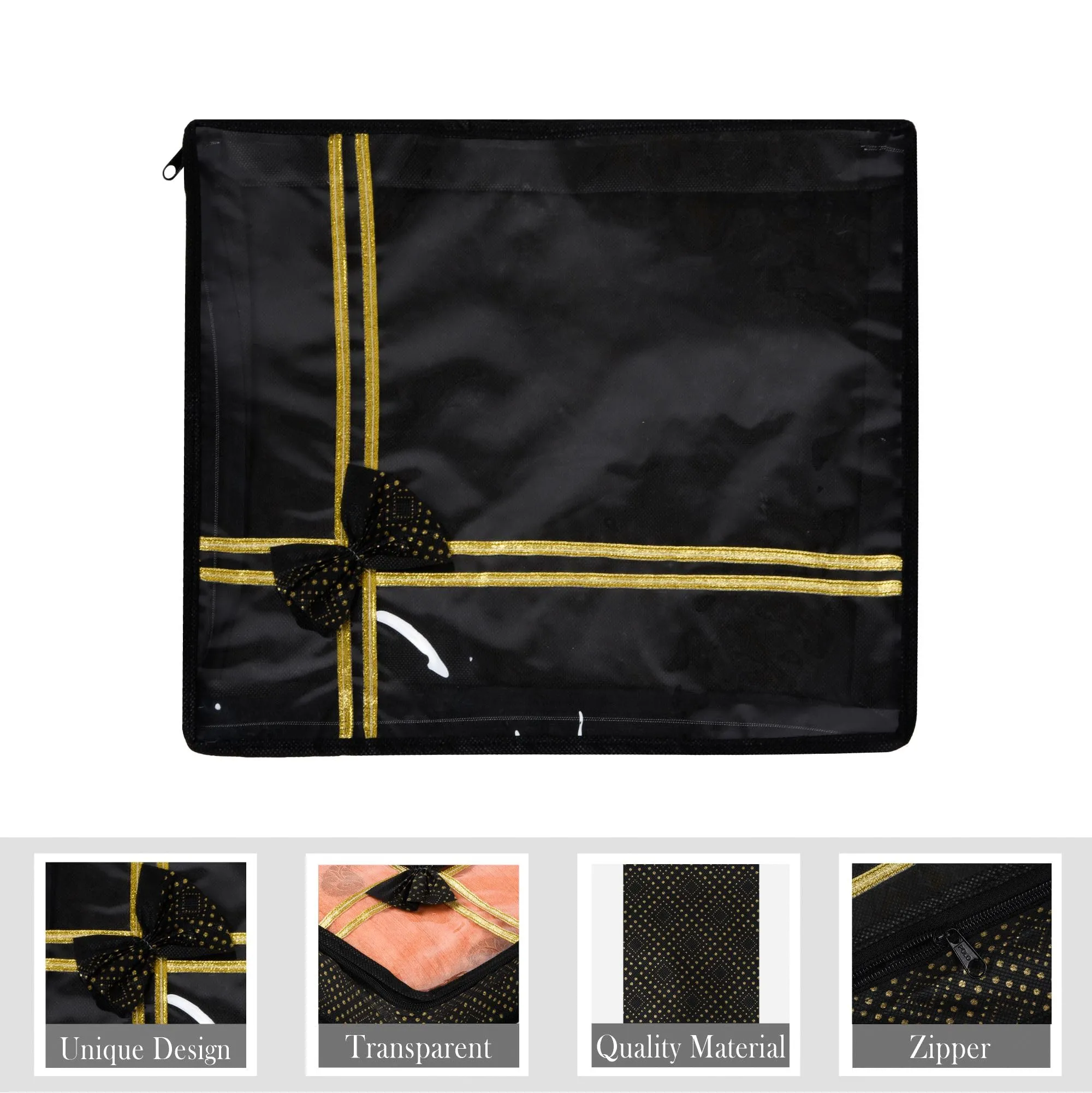 Heart Home Saree Storage Bag | Clothes Storage Bag | Wardrobe Storage Bag | Cloth Storage Organizer | Top Visible Window Saree Bag | Bow Golden Dot-Print | 3 Inch | Pack of 3 | Black