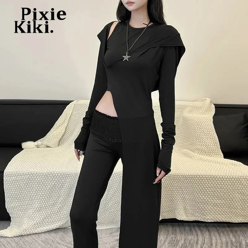 Hooded Asymmetrical Long Sleeve Top Two Piece Set Streetwear Trendy Black T Shirts for Woman Fall 2024 P71-CF31