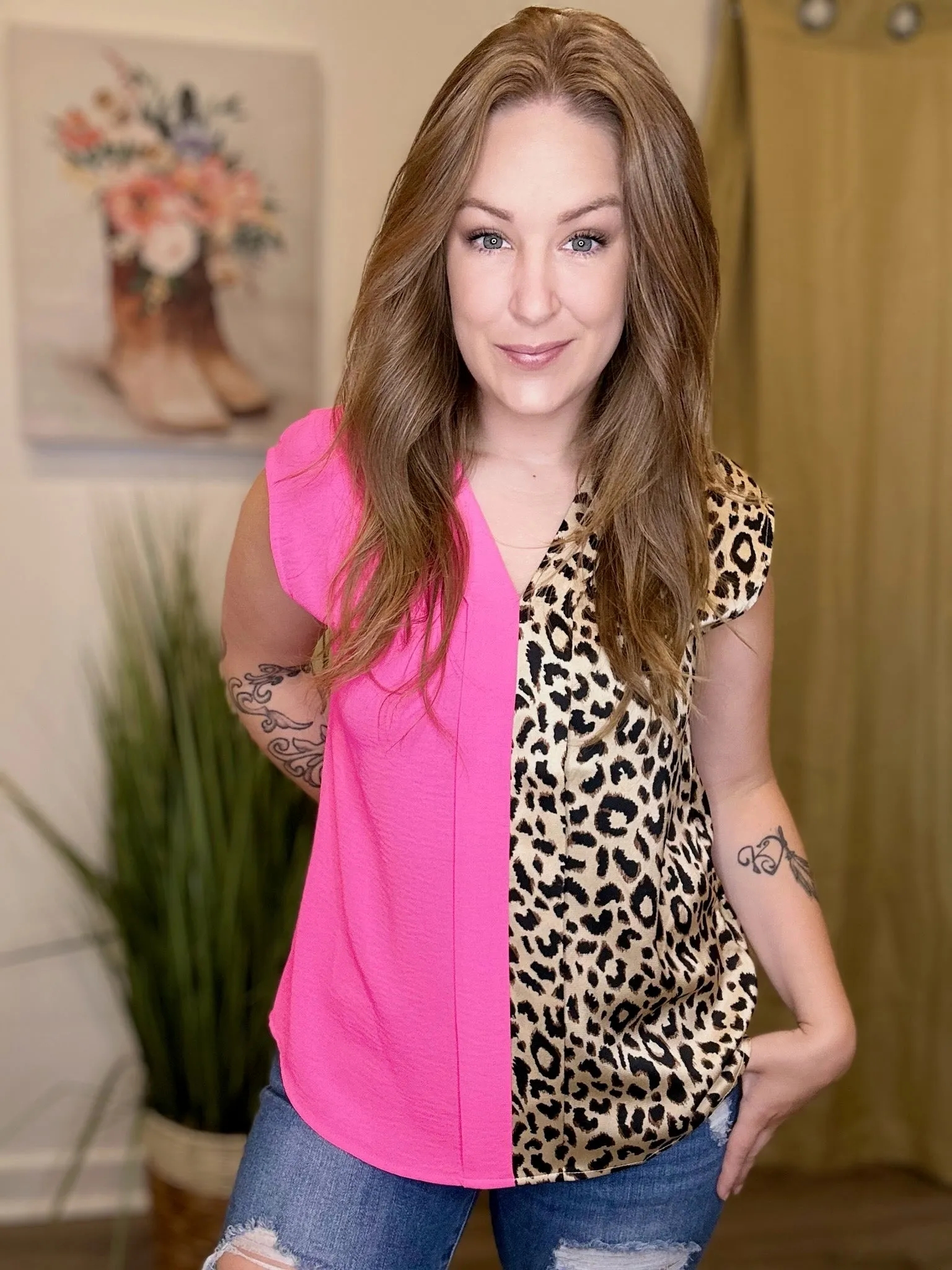 Hot Pink Color Block Printed Blouse