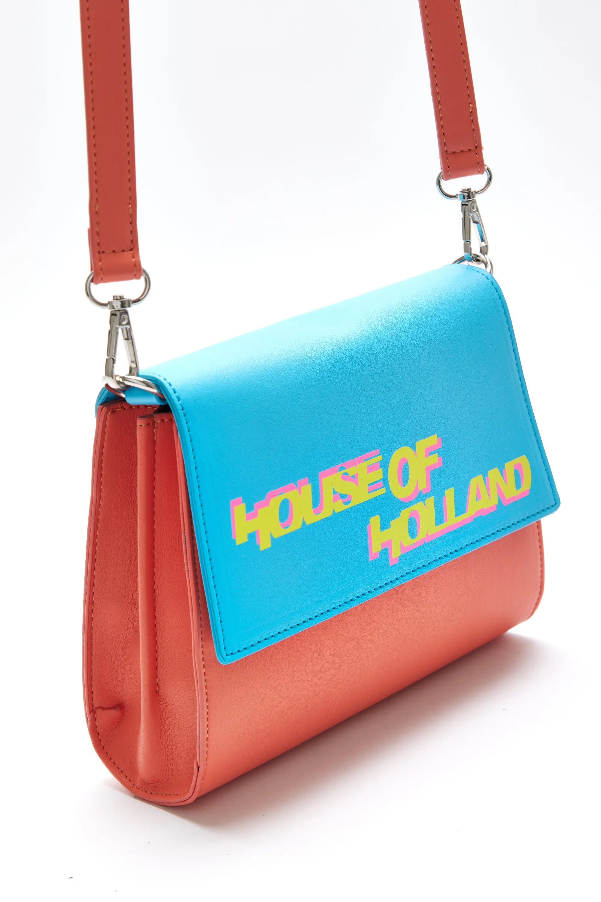 House Of Holland Cross Body Bag In Orange And Blue With A Printed Logo