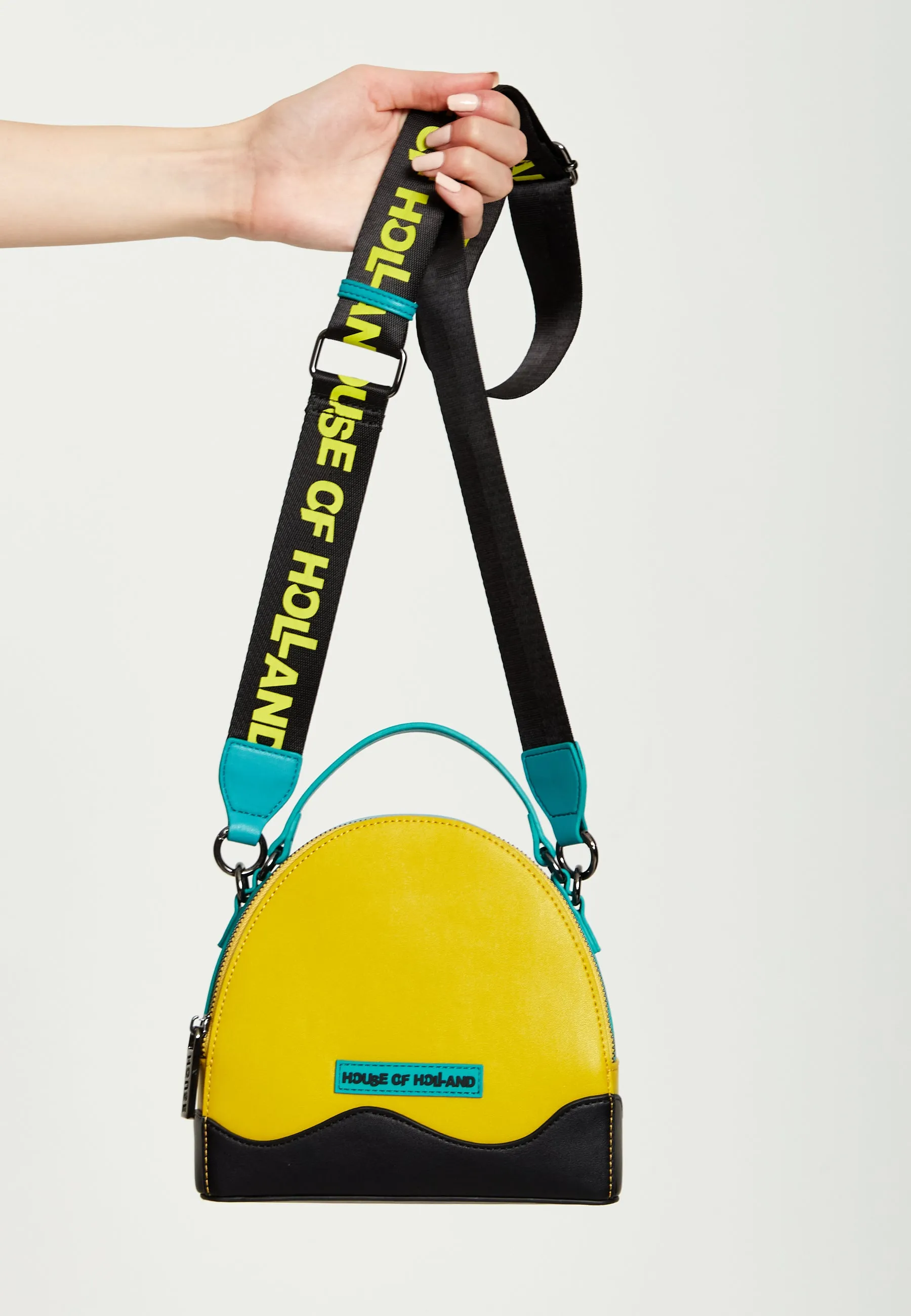 House Of Holland Cross Body Bag In Yellow, Black And Blue With Printed Logo