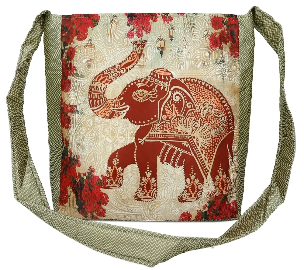 Indian Jhola Bag For Women Digital Print Cross Body Shoulder Bag Fashion Sling Bag Quilted Faux Silk,16x14x3 Inch,Dancing Elephant