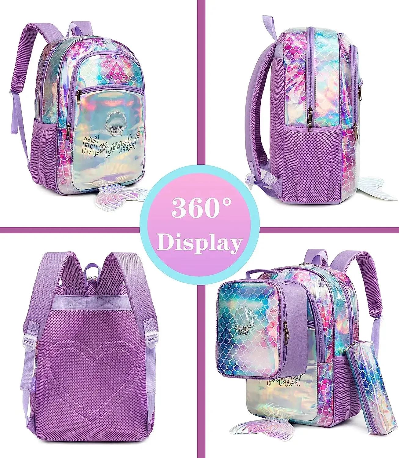 Kids Backpack for Gilrs School Mermaid Backpacks with Lunch Box for Elementary