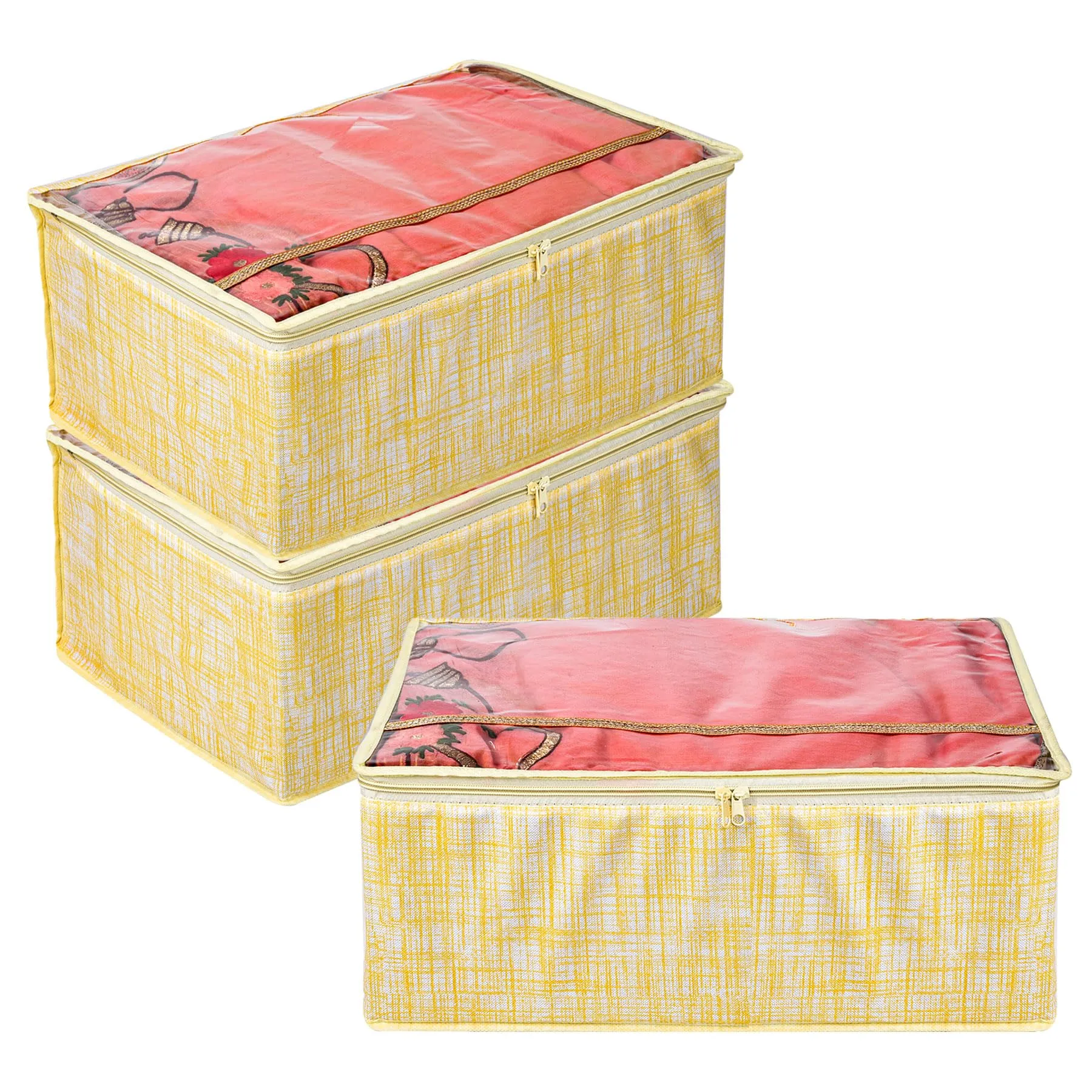 Kuber Industries Saree Storage Bag | Clothes Storage Bag | Wardrobe Storage Bag | Cloth Storage Organizer | Top Visible Window Saree Bag | Jute-Printed | 9 Inch | Pack of 3 | Yellow