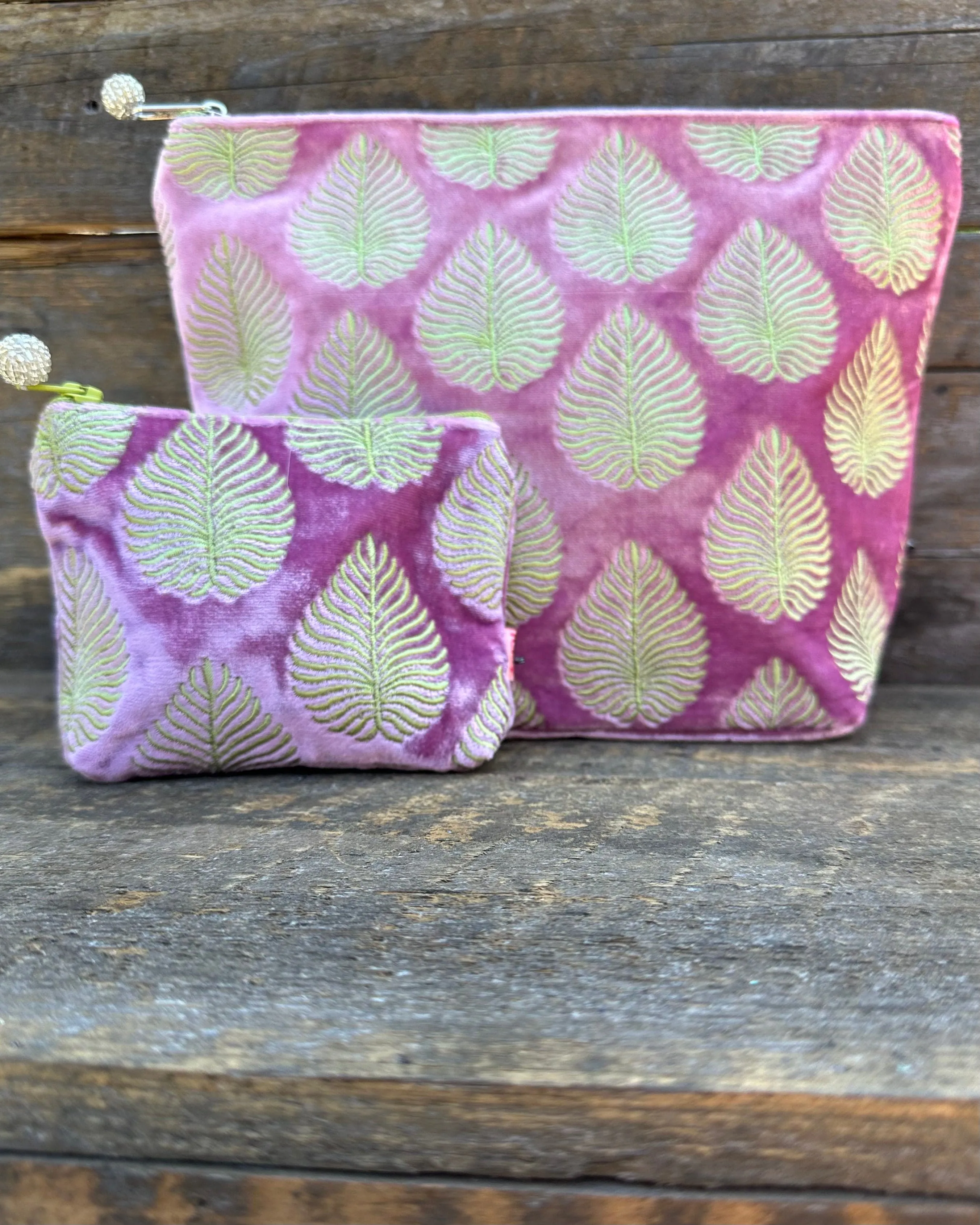 Large Velvet Make Up Bag With Embroidered Palm Leaves - Lavender