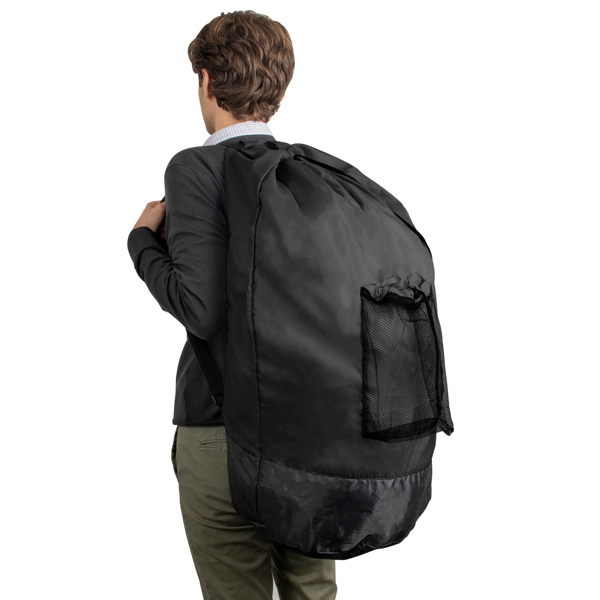 Laundry Bag Backpack with Front Mesh Pocket - Black