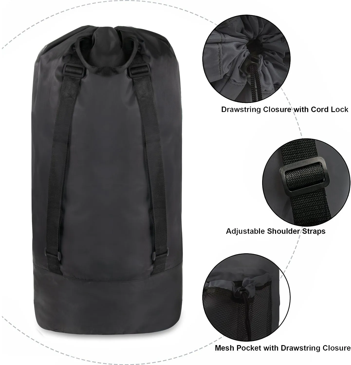 Laundry Bag Backpack with Front Mesh Pocket - Black