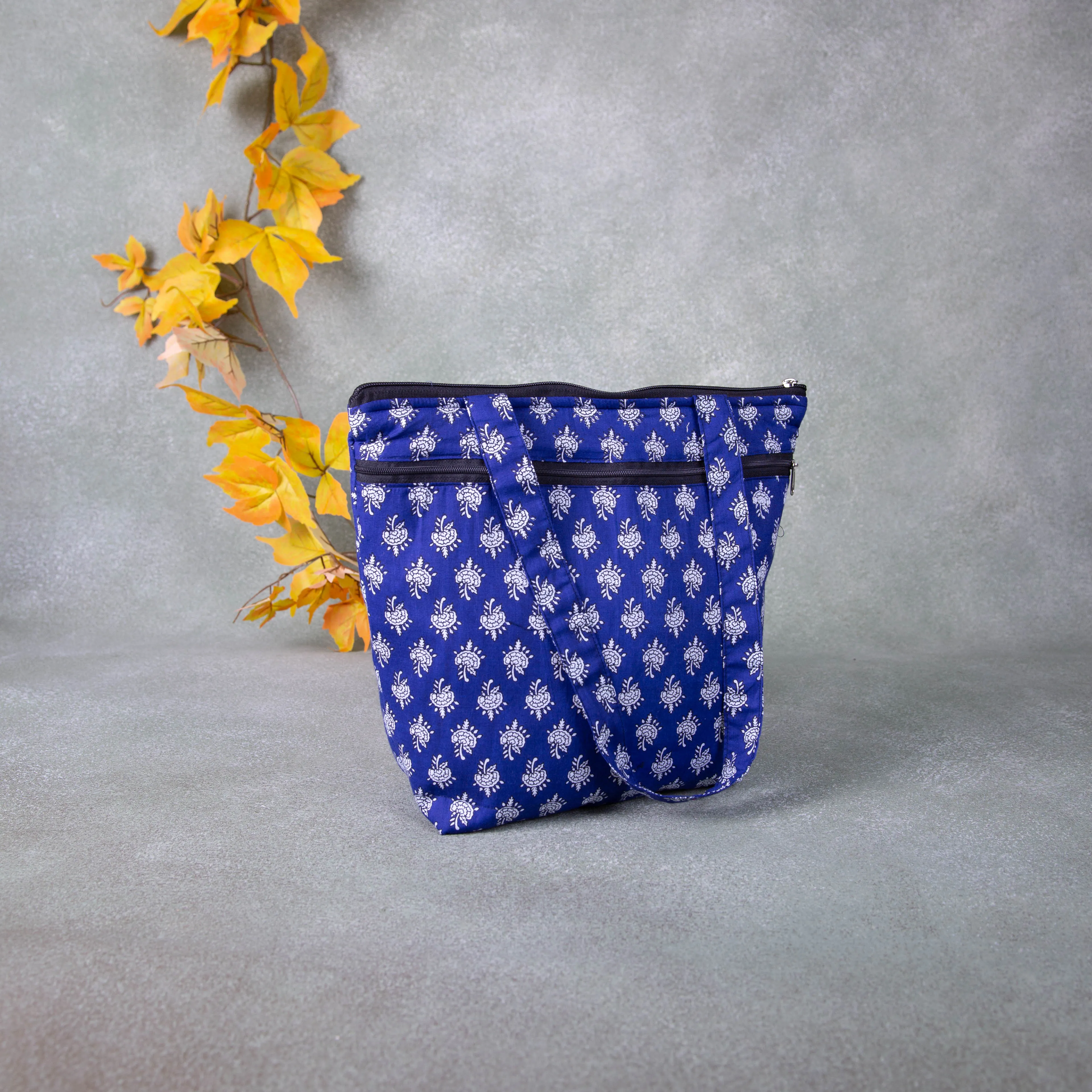 Medium Size Handbag  Dark Blue with White Flower Design.