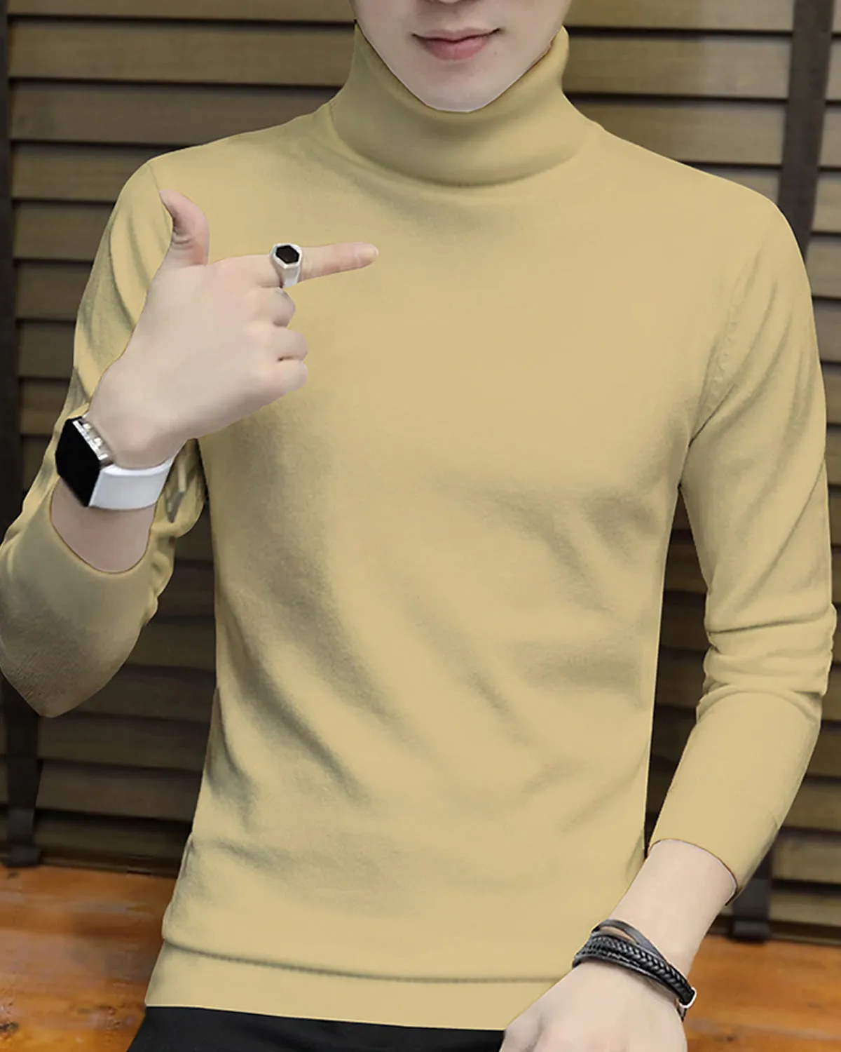 Men High Neck Beige Full Sleeve Plain T-shirt