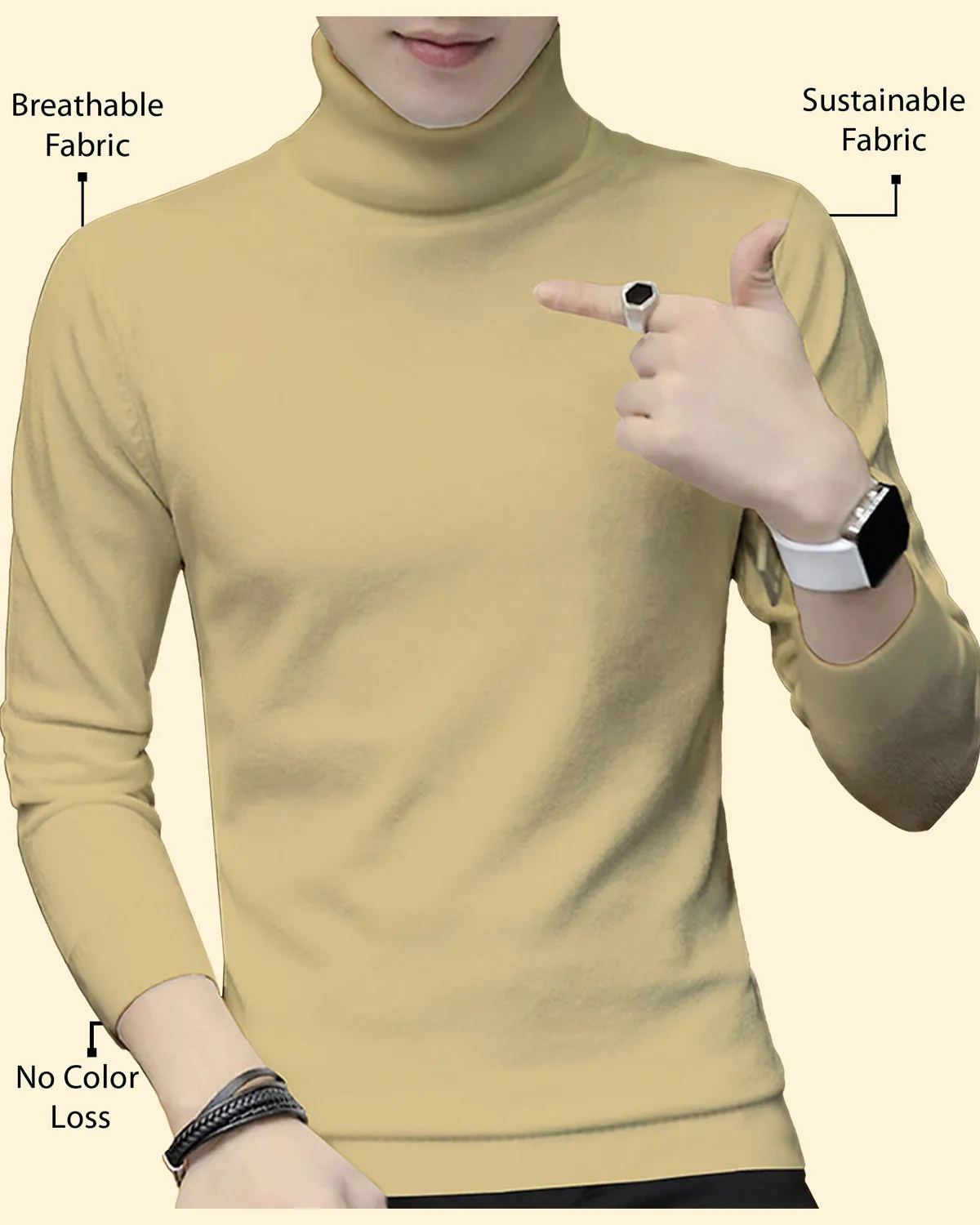 Men High Neck Beige Full Sleeve Plain T-shirt