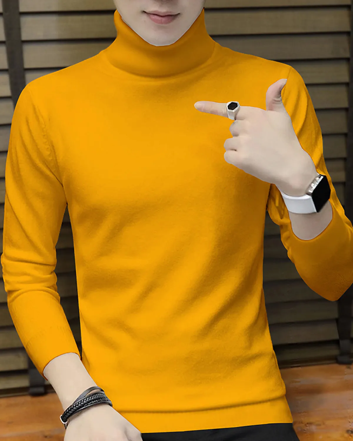 Men High Neck Yellow Full Sleeve Plain T-shirt