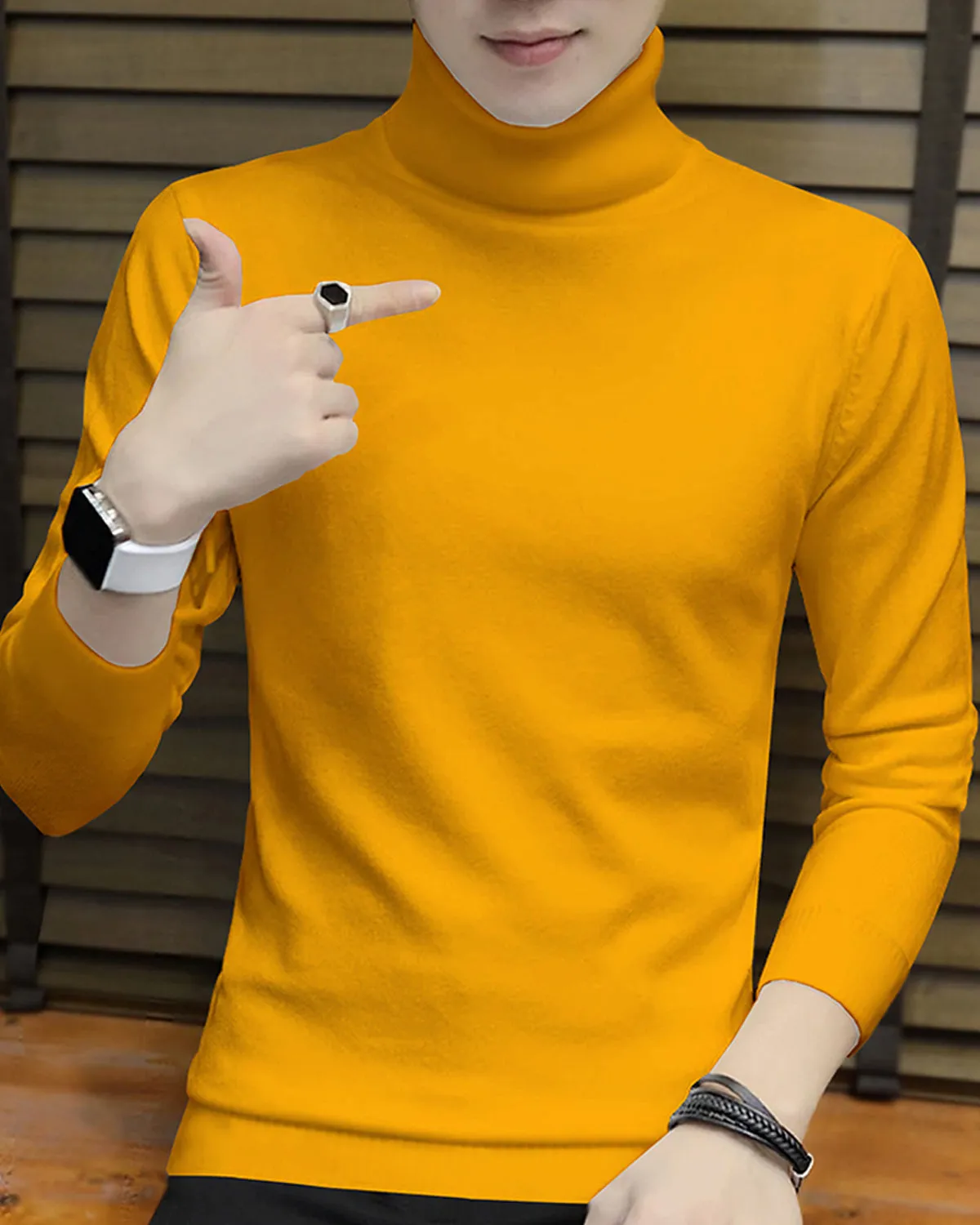 Men High Neck Yellow Full Sleeve Plain T-shirt