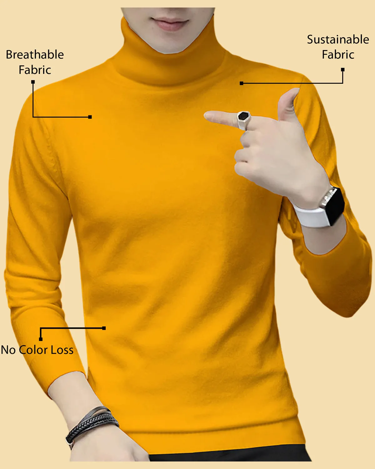 Men High Neck Yellow Full Sleeve Plain T-shirt