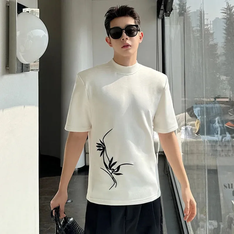 Men T-shirt Chinese Embroidered Half High Neck Slim Fit Bottom Top Short Sleeve Male T-shirts Spring Summer 9C5121