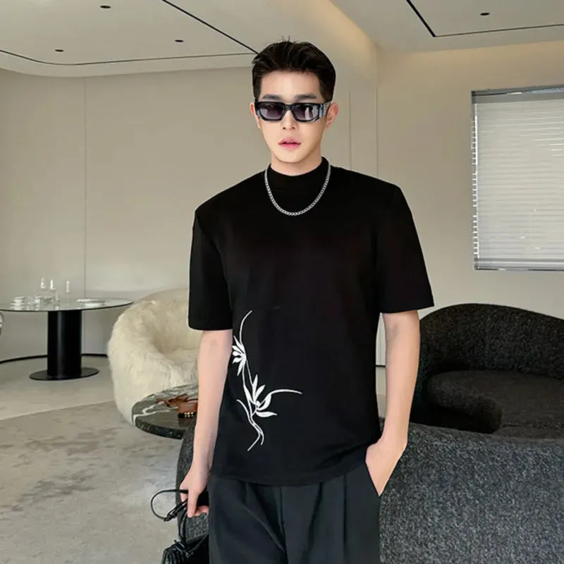 Men T-shirt Chinese Embroidered Half High Neck Slim Fit Bottom Top Short Sleeve Male T-shirts Spring Summer 9C5121