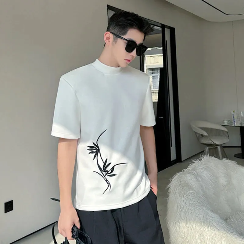 Men T-shirt Chinese Embroidered Half High Neck Slim Fit Bottom Top Short Sleeve Male T-shirts Spring Summer 9C5121