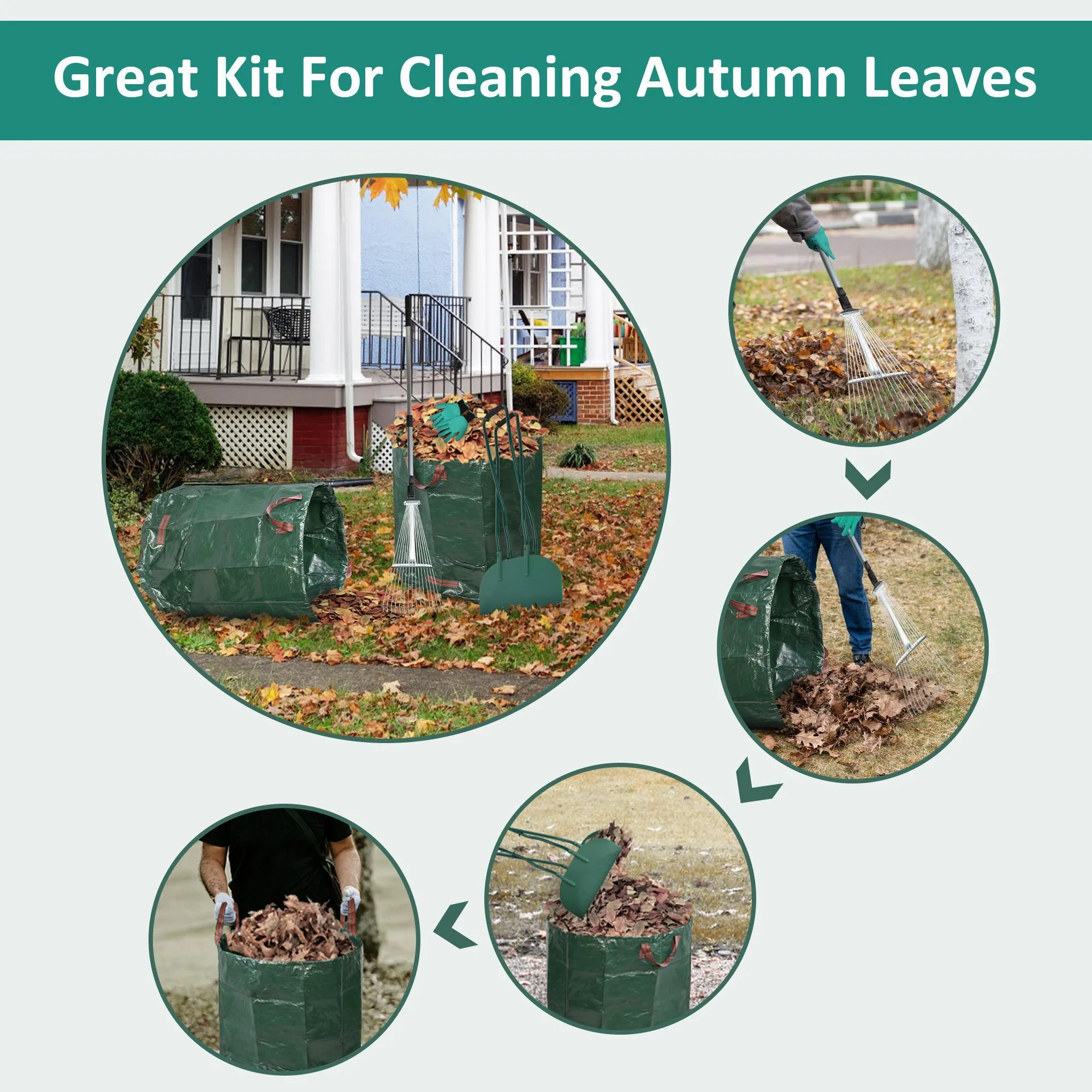 Metal Leaf Rake Set, Comes with Large Leaf Scoop, 2 Garden Bags, 1 Pair of Work Gloves, Leaf Clean-Up Tool